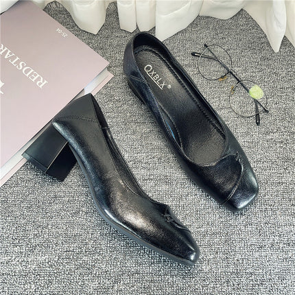 Square-toed single-layer shoes women's thick-heeled flat-bottomed professional temperament stewardess work shoes comfortable for a long time not tired feet black work shoes