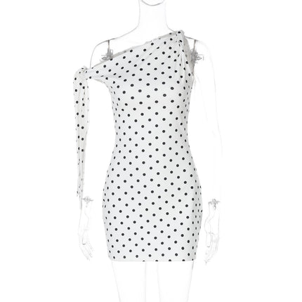 French-Style Cross-Border New Women's Polka Dot Off-Shoulder Ribbon Fashion Street Date Slim Fit Bodycon Short Dress for Women