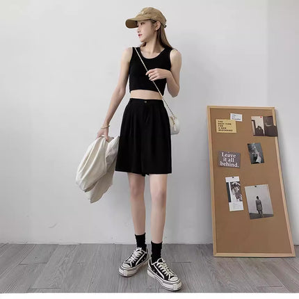 Women's Suit Shorts Women's Summer Thin chubby girl plus size Pants High Waist Loose Slim-fit A- leg Wide-leg Shorts