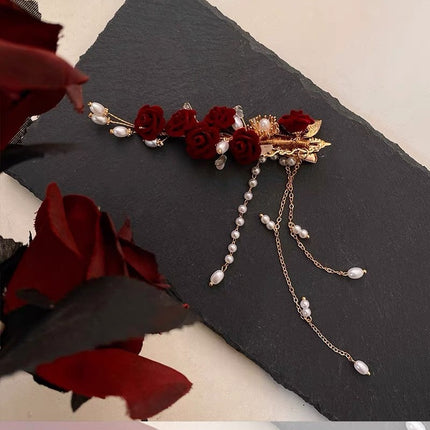 Toast Clothing Side Clip Headwear Tassel Side Clip Red Rose Hairpin Classical Cheongsam Hanfu Daily Accessories