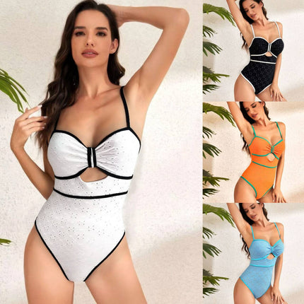 2025 new foreign trade one-piece swimsuit Amazon solid color hollow belly slim bikini European and American swimsuit in stock