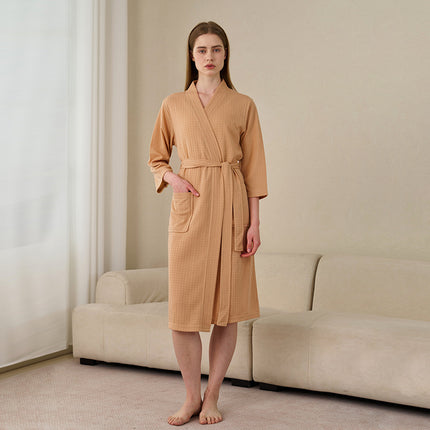 Summer Thin Water Absorbent Waffe Bathrobe Women's Summer Mid-length Simple Sexy Nightgown Men's Breathable Bath Towel Pajamas