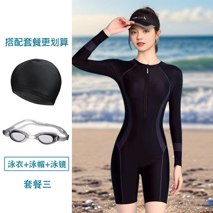 Women's One-Piece Conservative Swimsuit 2026 New Style Long-Sleeve High-End Feel for Slightly Chubby Girls, Covers the Body and Makes Them Look Slimmer, Suitable for Surfing and Hot Springs