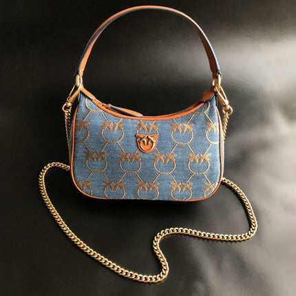 New Pinko Same Style Denim Denim Genuine Leather Swallow Bag Armpit Puff Mini Pillow Bag Chain Women's Bag