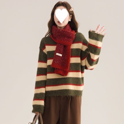 Retro Green Striped Design Thick Sweater Simple Women's Winter Lazy Loose Stylish Top