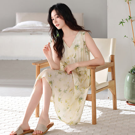 Nightgown for Women Summer Woven Thin Tencel Linen Pajamas 2026 New Large Size Mid-Length Dress Summer Home Wear