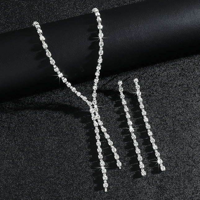 Fashion Popular Jewelry Exquisite Sparkling Rhinestone Tassel Long Necklace Earrings Set Bridal Party Jewelry