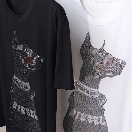 American Heavy Rhinestone Doberman Black Diamond Dog Short-sleeved T-shirt Plus Large Size Chubby Guy Personality Niche Design