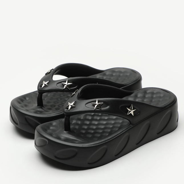 New Style Thick-Soled Flip-Flops for Women's Summer Outer Wear Rivets Fashion Internet Celebrity Five-Pointed Star Beach Sandals Non-Slip Slippers