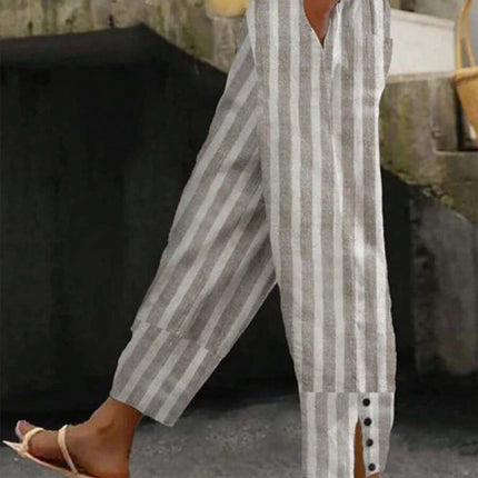 Cross-border independent station ladies casual striped trousers with decorative buttons and split design