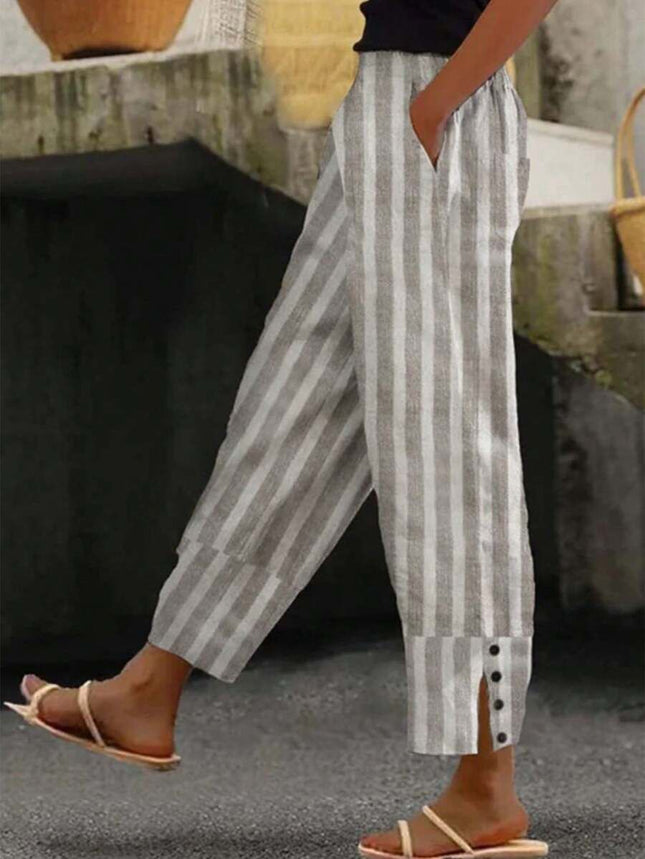 Cross-border independent station ladies casual striped trousers with decorative buttons and split design