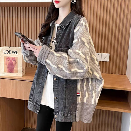 Design Sweater Stitching Denim Coat Women's Autumn and Winter 2024 New Loose Lazy Thickened Western Style Top