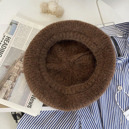 mohair knitted beret children autumn and winter warm big head circumference painter hat solid color wool hat