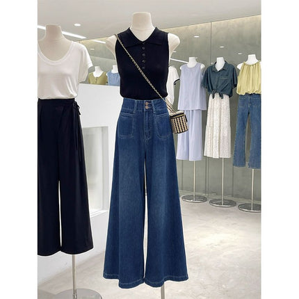 Stretch High-Waisted Retro Blue Loose Versatile Jeans Floor-Length Women's Petite 2025 Wide-Leg Pants Slimming