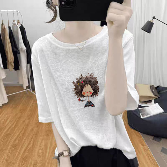 Trendy Summer New Korean Style Snowflake Cotton T-Shirt Round Neck Funny Printed Thin Casual Style Large Size Bottoming Shirt