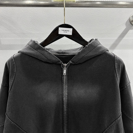 Men's Hoodie Jacket 2025 Autumn/Winter Heavy-Duty Washed and Distressed Punk Style Deep Gray Zip Pocket Hoodie