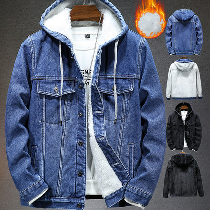 Cross-border new thick warm men's cotton-padded winter imitation lamb fleece cold-proof hooded fleece-lined Denim coat men