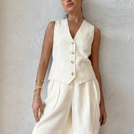Beige Vest Vest Shorts Two-Piece Set for Women 2025 Summer New Export Commuter Fashion Cotton and Linen Suit Wholesale