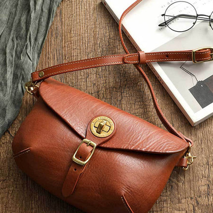 Genuine Leather Vintage Saddle Bag Thick Soft Vegetable Tanning Top Layer Leather Crossbody Dumpling Bag Korean Casual Brass Hardware 32008