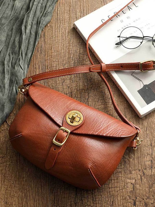 Genuine Leather Vintage Saddle Bag Thick Soft Vegetable Tanning Top Layer Leather Crossbody Dumpling Bag Korean Casual Brass Hardware 32008