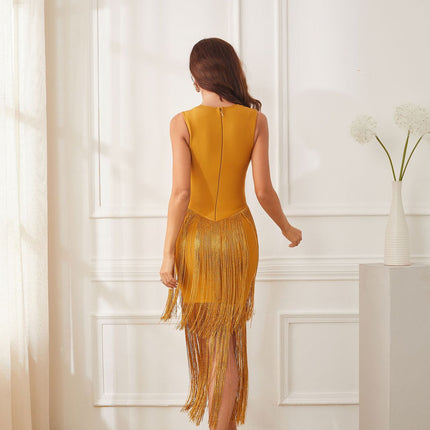 Tassel Dress V-Neck Ball Evening Dress Golden Cross-border European and American AliExpress New Bandage Dress