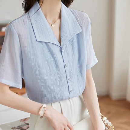 Light Blue Sky Silk Short Sleeve Shirt Women's Texture Pattern 2025 Summer New Loose Casual Top