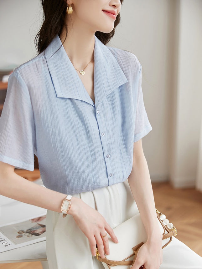 Light Blue Sky Silk Short Sleeve Shirt Women's Texture Pattern 2025 Summer New Loose Casual Top