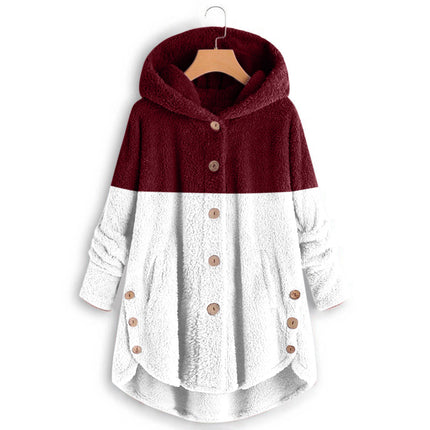 Amazon 2025 Autumn/Winter European and American Style Button-Up Hooded Cat Ear Plush Top Irregular Trendy Patchwork Jacket for Women