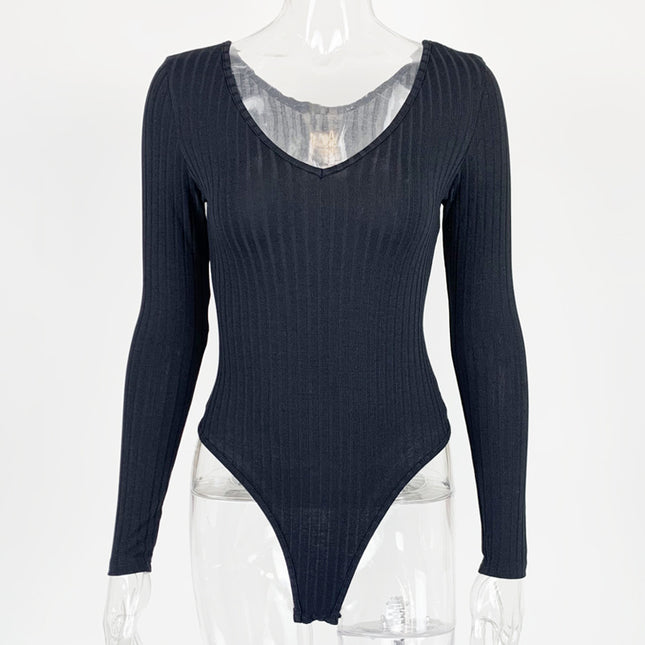 Aliexpress Temu Autumn and Winter New Products 2025 European and American Clothing Sexy Slim V Neck Pure Color Long-Sleeved Bottoming Jumpsuit