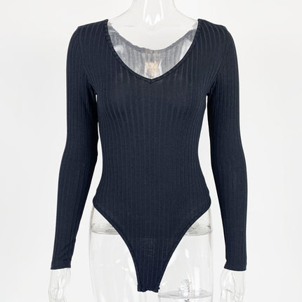 Aliexpress Temu Autumn and Winter New Products 2025 European and American Clothing Sexy Slim V Neck Pure Color Long-Sleeved Bottoming Jumpsuit