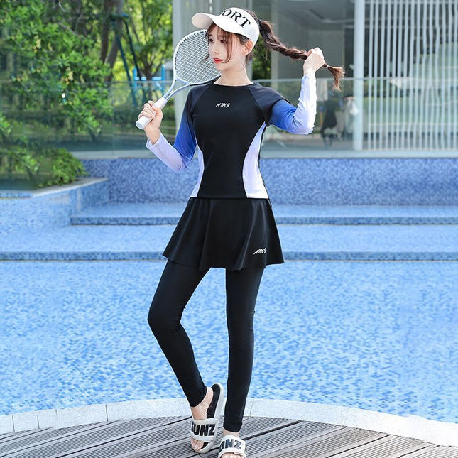 Conservative Swimsuit for Women 2025 New Slim Split Wetsuit Covering Belly Long-Sleeved Pants Sun Protection Two-Piece Set Large Size