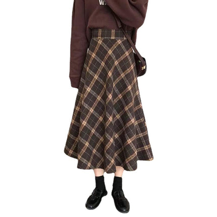 Brown Plaid Skirt for Women in Spring and Autum Mid-Length High-Waisted A-Line Pleated Skirt for Small People with Large Swing Umbrella Skirt Long Skirt