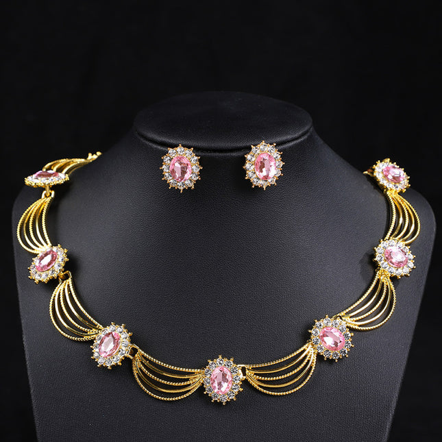Cross-Border Gemstone Necklace, Artistic Retro Medieval Court Jewelry, Fan-Shaped Aesthetic Internet Celebrity Style Necklace and Earrings Set