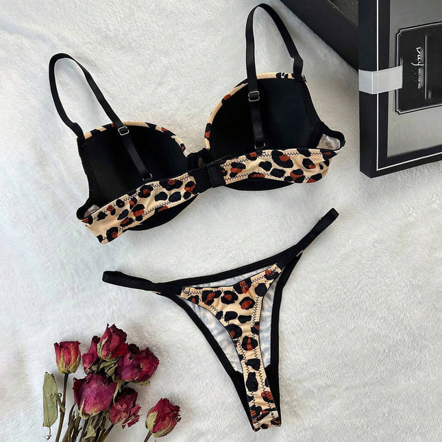 European and American Cross-Border Leopard Print Sexy Bra Thong Set Comfortable Push-Up Underwear Set