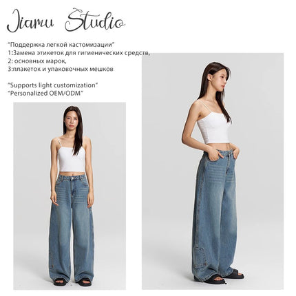 Jiamu Irregular Pocket Autumn/Winter American Baggy Jeans Unisex Loose Wide-Leg Straight Jeans for Men and Women