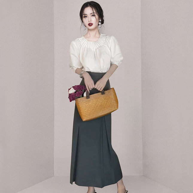 Cross-border 2024 summer new organ pleated neckline bubble sleeve top high waist pleated skirt two-piece suit