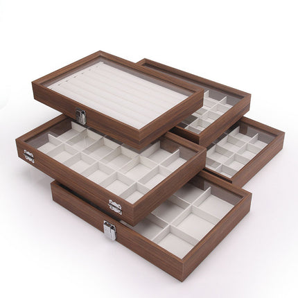 Fashion walnut grain white leather jewelry box with lid dustproof earrings earrings earrings storage box ring necklace bracelet tray