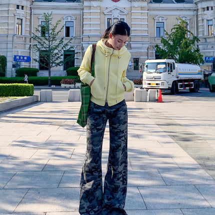 American-Style Low-Waist Retro Camouflage Sweet and Spicy Cargo Pants for Women with Back Pocket Design, Loose Straight-Leg Casual Pants Trendy