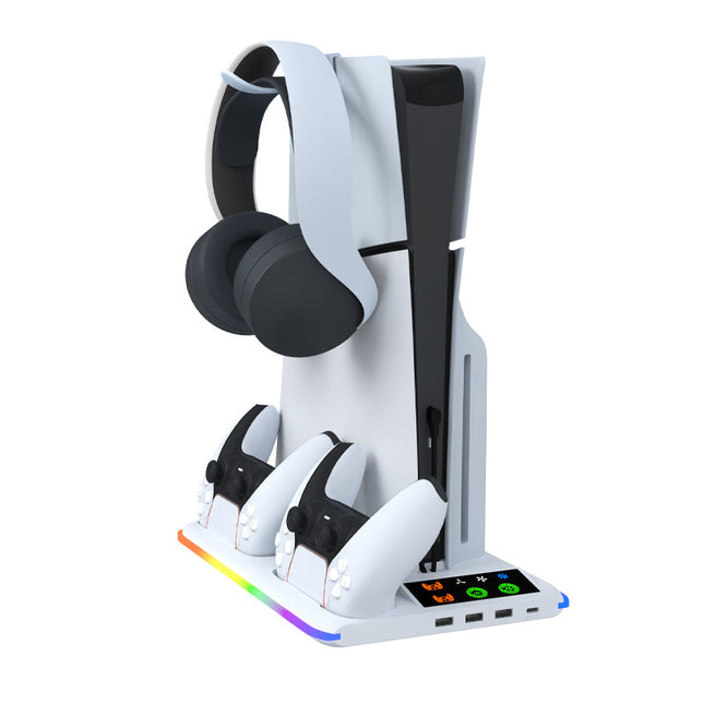 Suitable for Ps5 Slim Multifunctional Cooling Base with Rgb Light, Ps5 Charging Base, Dual Controller Charging with Hook