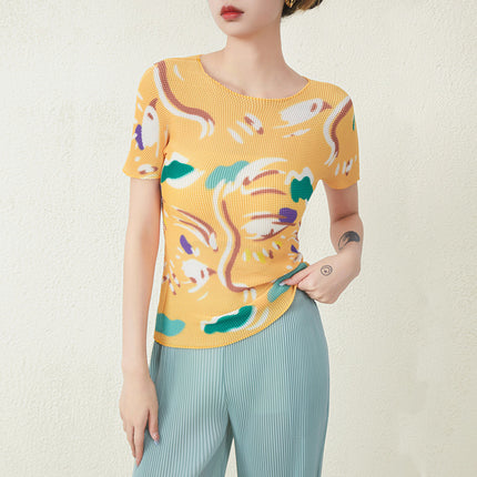 High-End Pleated Short-Sleeved Top for Women Summer Printed Slim-Fitting High-Elastic Tight-Fitting Large Size Garden Collar Accessible Luxury Miyake T-Shirt