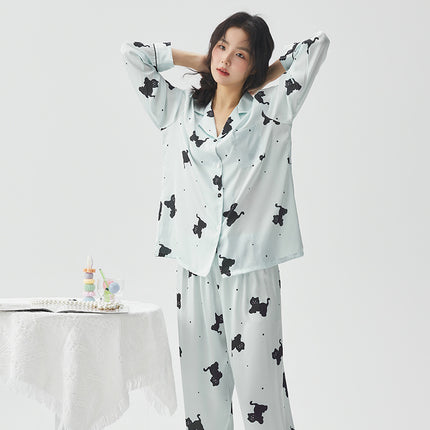 Bow Dog Cartoon Sweet Cute Wind Women's Pajamas Ice Silk Early Spring Comfortable Long Sleeve Home Clothes