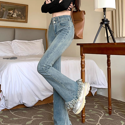 Design Tassel Micro-flared Jeans Women's Spring 2024 New Retro Light-colored High-waisted Slim-fit Mop Pants
