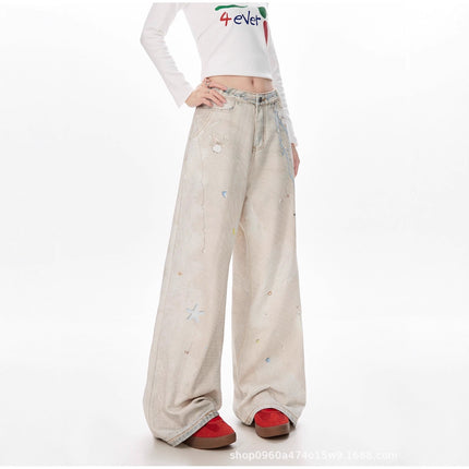 Pearl Lace Cold Transfer Printed Jeans for Women Niche Design Dirty Dyed Wide Leg Pants Sexy Slimming Look Casual Pants