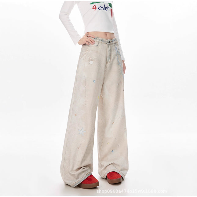 Pearl Lace Cold Transfer Printed Jeans for Women Niche Design Dirty Dyed Wide Leg Pants Sexy Slimming Look Casual Pants