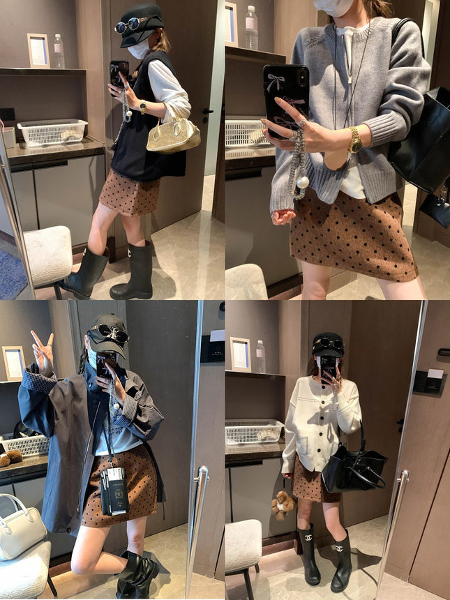 Mochie Street Style Pear-Shaped Figure High-Waisted A-Line Slimming Polka Dot Woolen Short Skirt Mq0813