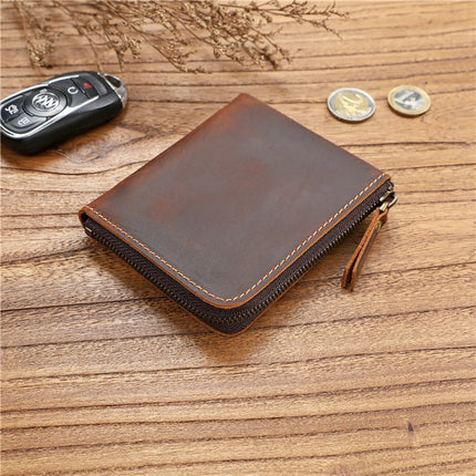 Retro Men's Crazy Horse First Layer Cowhide Short Zipper Wallet Genuine Leather Ultra-Thin Horizontal Wallet Student Casual Wallet
