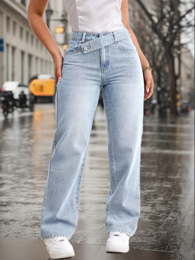 [Cross-Border Hot Style] Blue Women's Casual Light Blue Washed Overlapping Waist Loose Straight Jeans Now
