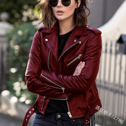 Cross-Border 2026 New European and American Style Motorcycle Leather Jacket, Spring and Autumn Women's Short Slim-Fit Leather Coat