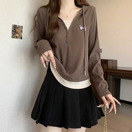 Real shot 2024 autumn new chubby girl plus size fake two dog embroidery hooded long sleeve T-shirt Joker top