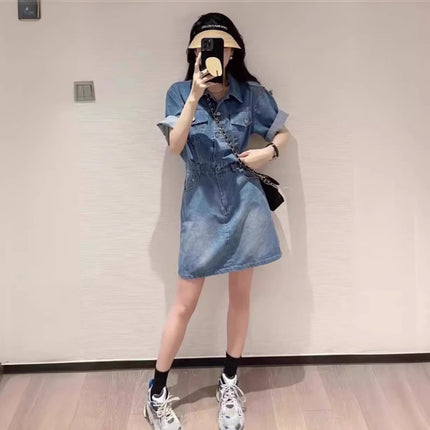 Summer Denim Skirt Women's Retro Hong Kong-style Light Color European-made Short Skirt Age-reducing Thin Korean-style Waisted dress